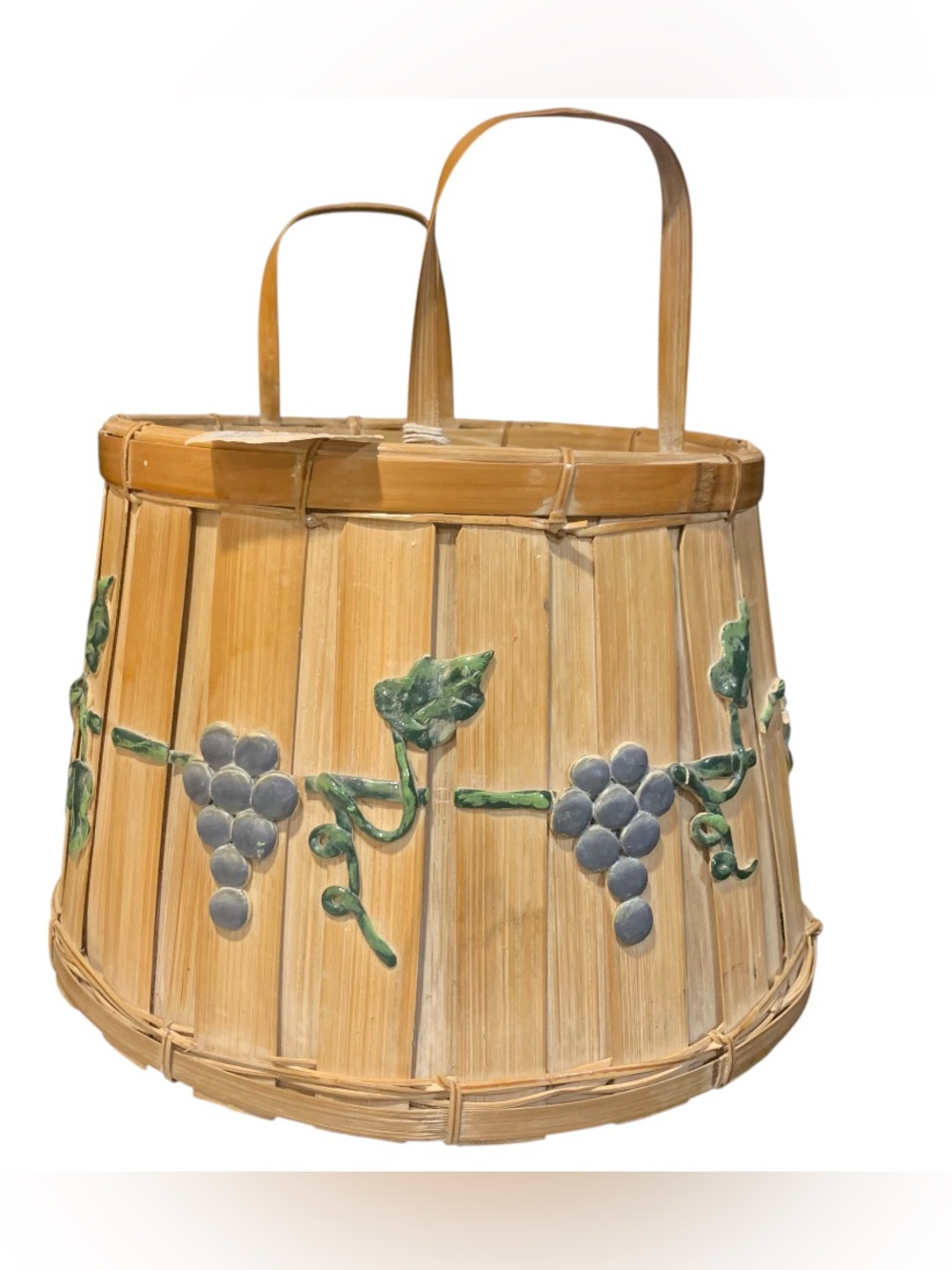 Vintage Bamboo Basket w Raised Gesso Grapevine Double handles Approx 9” T